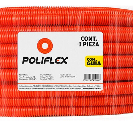 Rollo De Poliflex Naranja De 100 M, 1/2 Pulgada, Con Guía